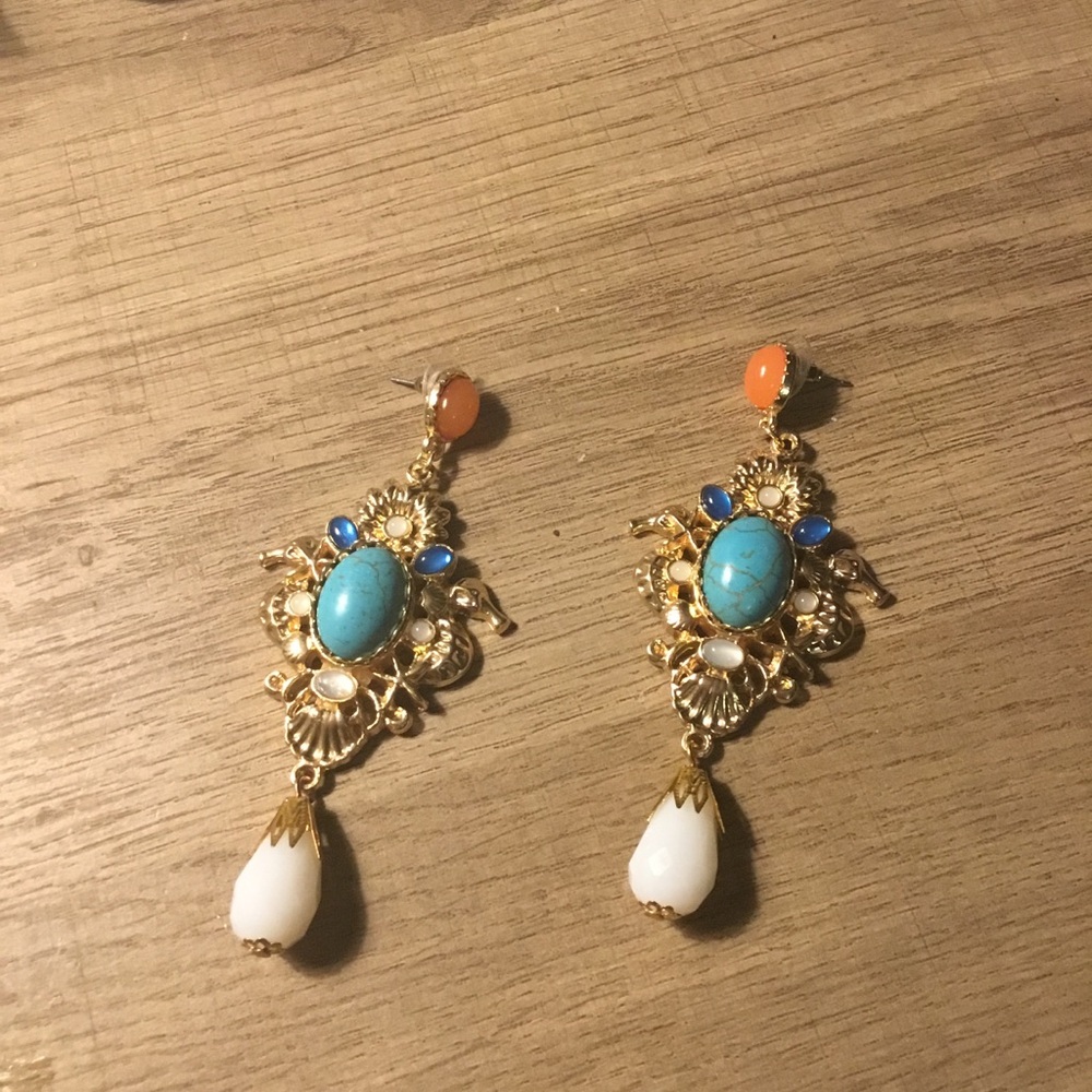 Gold Seahorse Baroque Statement Turquoise Crystal Shell Earrings